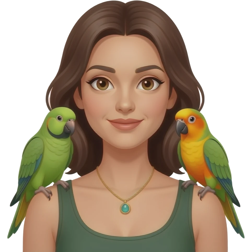 green indian ring neck parrot on a brown haired womans shoulder with a sun conure parrot with all green wings on her other shoulder the woman is wearing a necklace emoji
