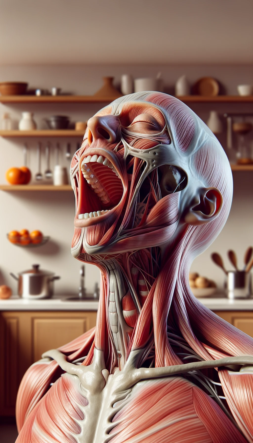 corpo umano anatomico che prende un forte respiro con la bocca tutta aperta, sfondo  della sua cucina sfocata in sottofondo, iperrealistico 4k emoji