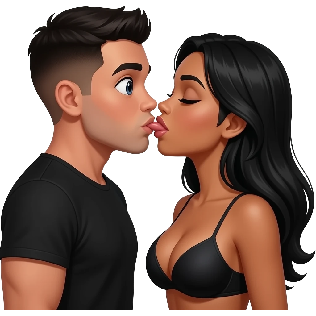 Black muscular man short hair big eyes licking kissing brown Columbian woman long black hair large breast showing tongue licking between her legs emoji