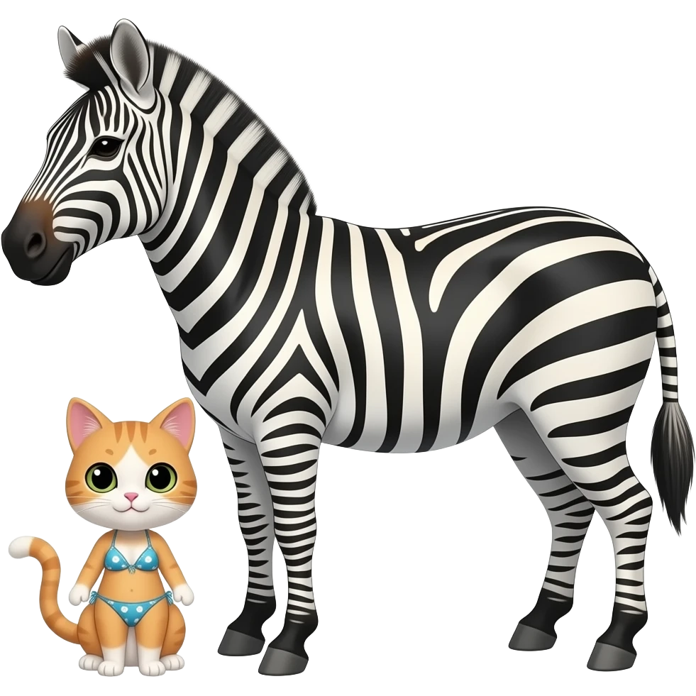make me a male zebra and a girl cat. the girl cat is below the male zebra. make the girl cat weat bikini emoji