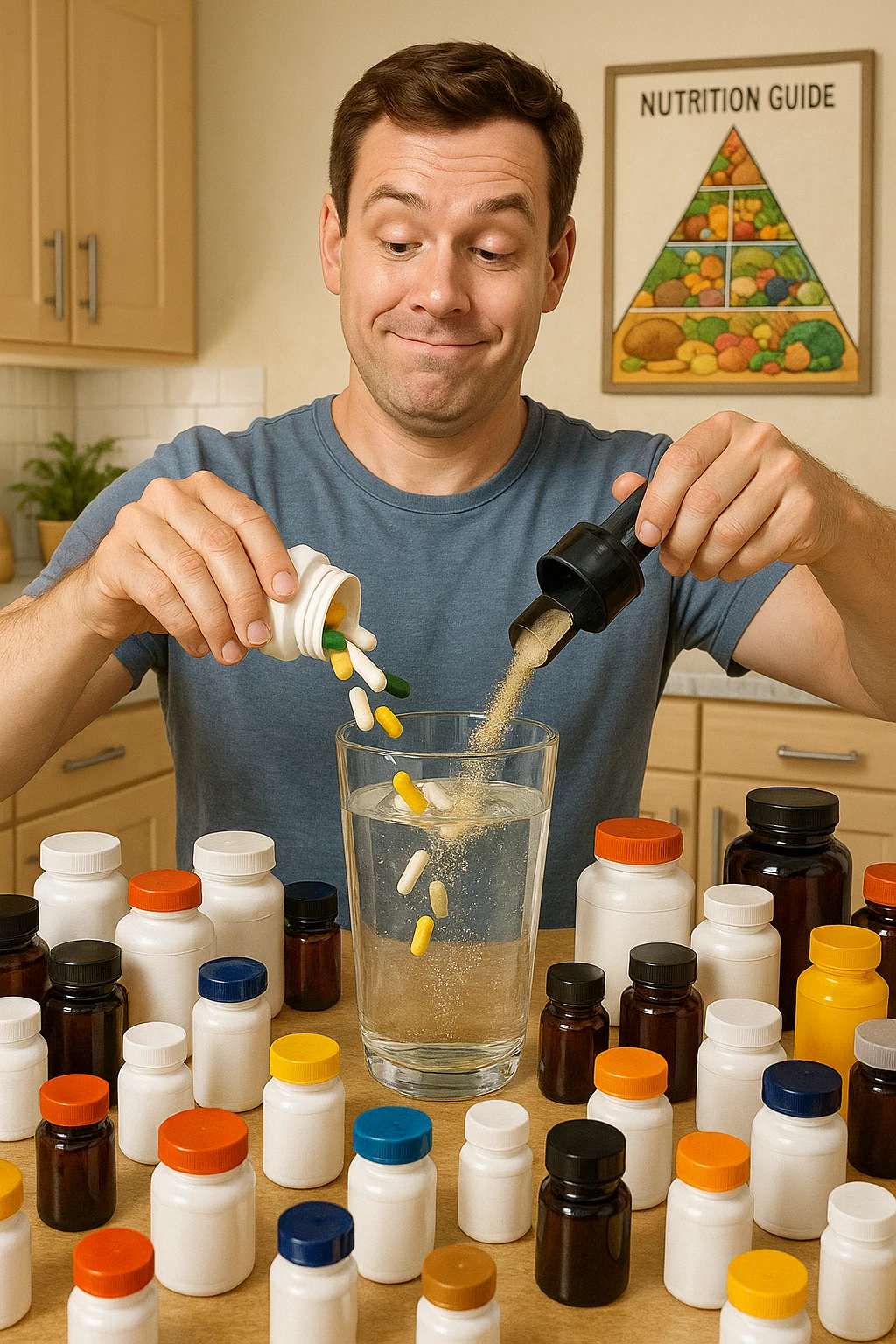 a man stands in his kitchen, enthusiastically pouring multiple supplement pills and powders into a large glass of water. The kitchen counter is cluttered with dozens of supplement bottles, and his expression is confident but slightly oblivious. In the background, a nutrition guide or food pyramid is ignored, highlighting his focus on supplements over balanced nutrition. emoji