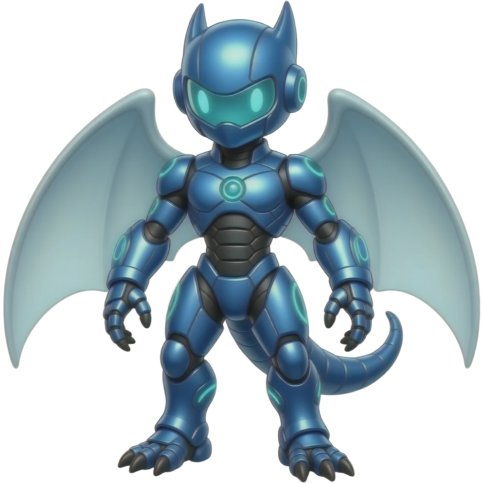 a shiny blue Genesect-Flygon-Raptor-Fakémon—hybrid with a futuristic visor-helmet full body emoji