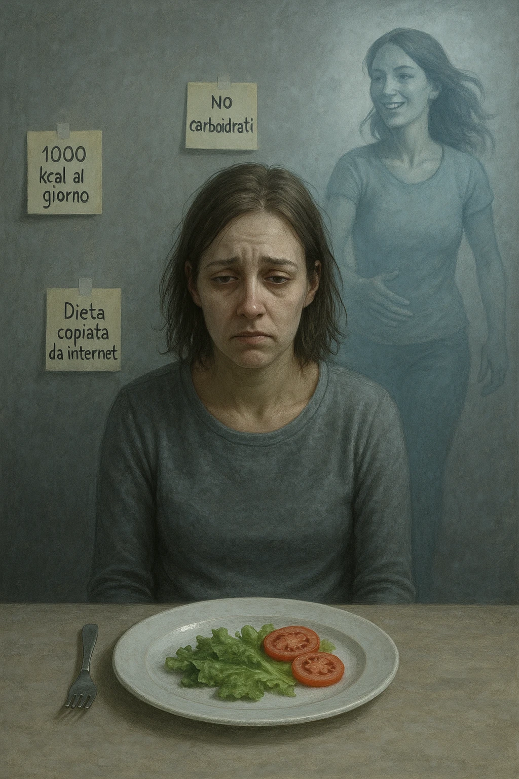 Donna tra i 30 e i 40 anni seduta a tavola, davanti a un piatto quasi vuoto con solo insalata e due fette di pomodoro. Il suo volto è visibilmente triste, stanco, con occhi spenti. Intorno a lei, foglietti attaccati con scritte come '1000 kcal al giorno', 'No carboidrati', 'Dieta copiata da internet'. L’atmosfera è fredda, grigia, priva di energia. Il suo corpo appare spento e scarico. Sullo sfondo, la sagoma di sé stessa più felice e piena di vitalità, come ricordo di un approccio migliore mai seguito. Stile realistico e simbolico emoji