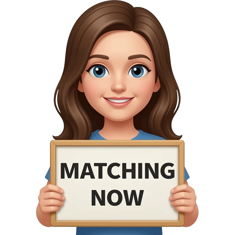 A girl with a board saying matching now emoji