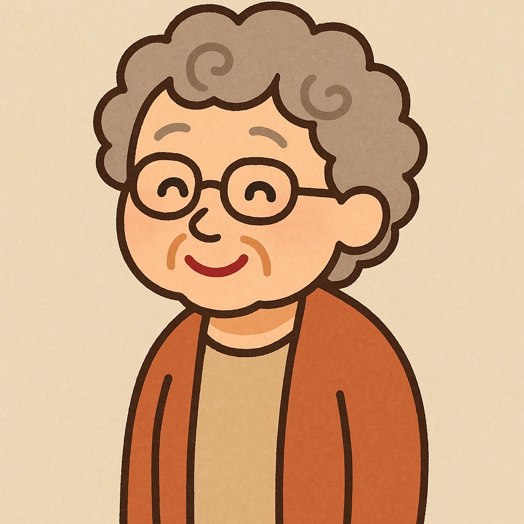 elder woman with glasses, irasutoya style, flat toon, curly hair, warm smile emoji