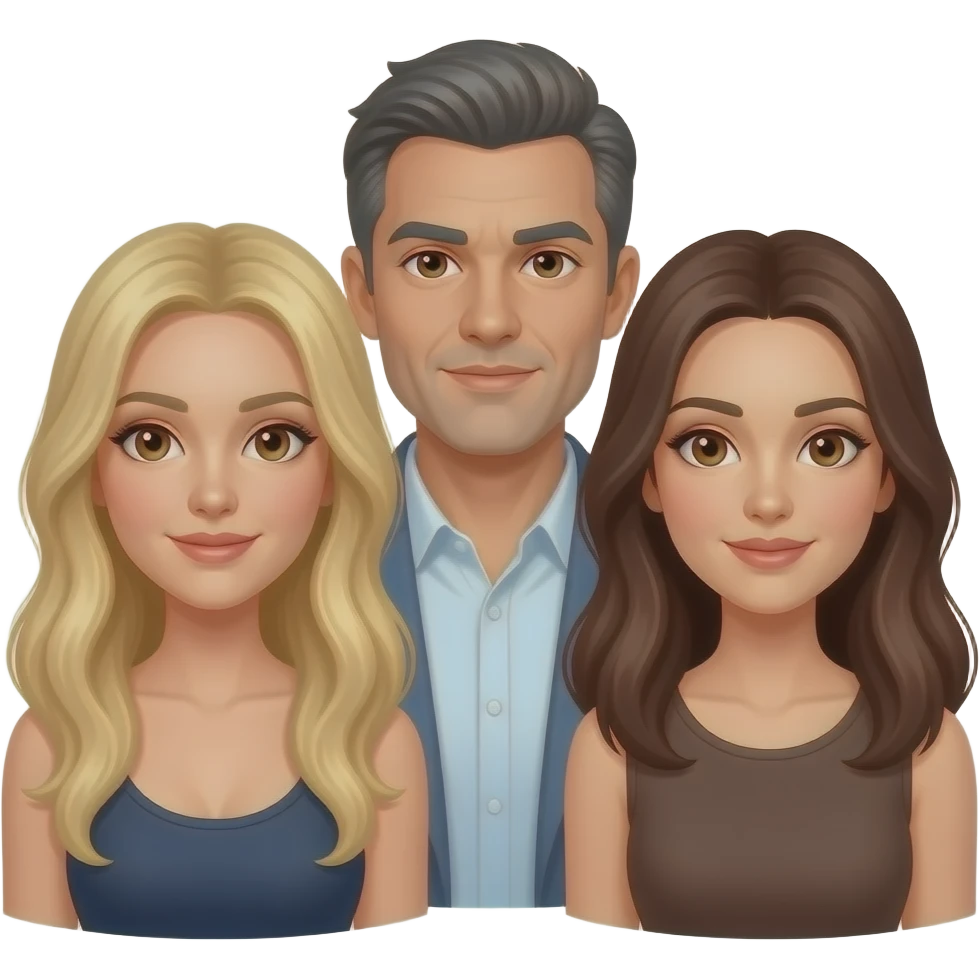 Make a throuple emoji One highlited blonde long hair female with brown eyes, one brunette/gray hair male, one brunette long hair female with brown eyes emoji