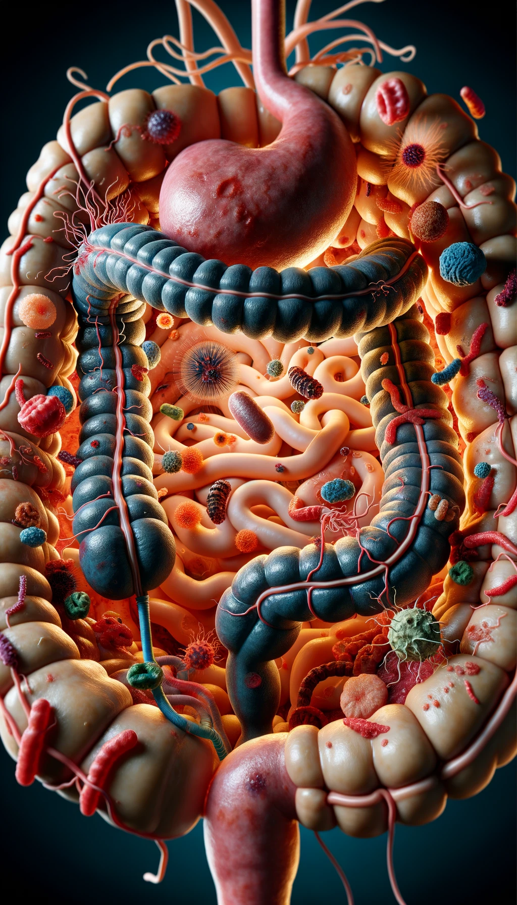 intestino umano realistico con batteri e parassiti che gli fluttuano intorno, iperrealistico 4k emoji