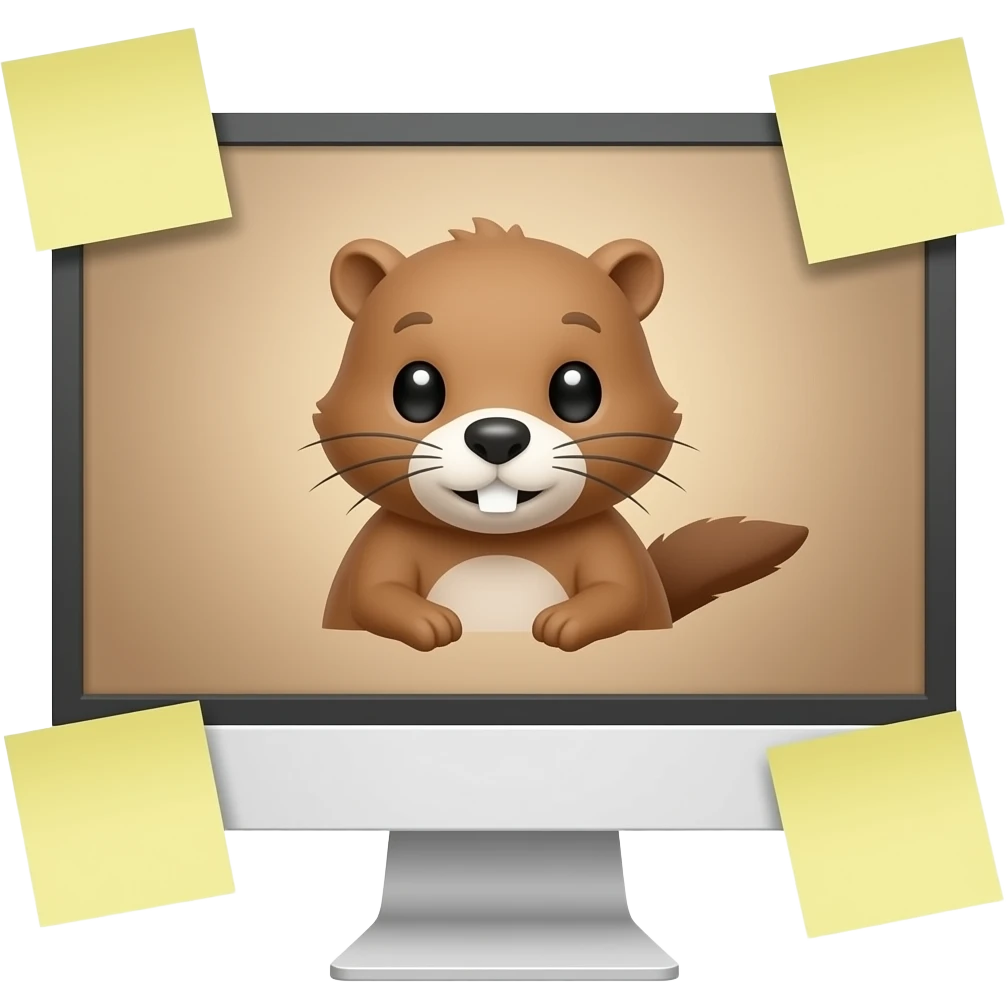 completely white computer monitor with only 3 soft yellow colored sticky notes on the sides of it and a light brown background on the screen with a beaver on it emoji