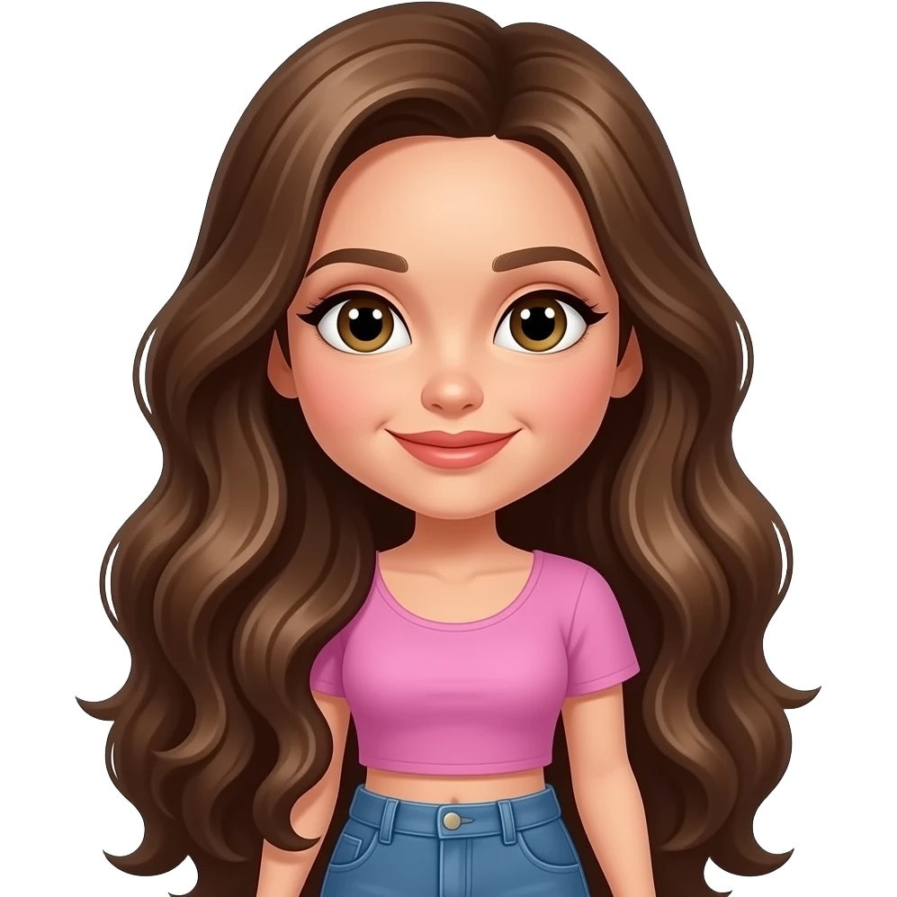 Pretty girl that looks like angelian jolie mixed with rapunzel and has dark blonde long thick shiny hair and has a beautiful smile that is seductive but still young and beautiful and is wearing jeans with a pink top emoji