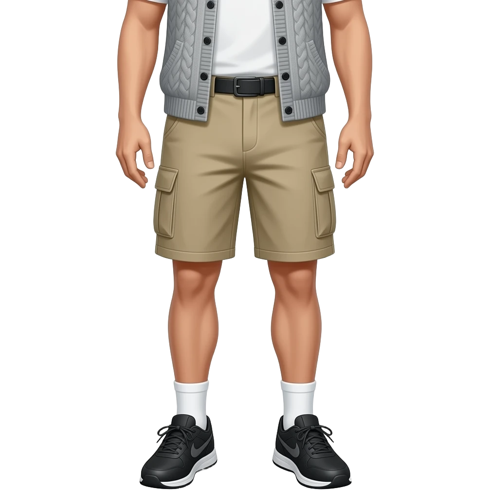 black running shoes with white socks, bare legs, beige cargo shorts and a grey open sweatervest from the waist down emoji