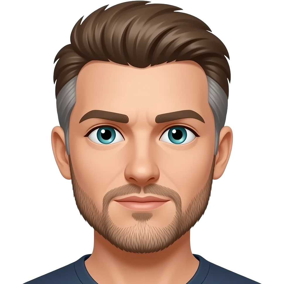 Mullet with side flares, hazel blue green eyes, some grays with mostly hazel hair, 5 o’clock shade beard emoji