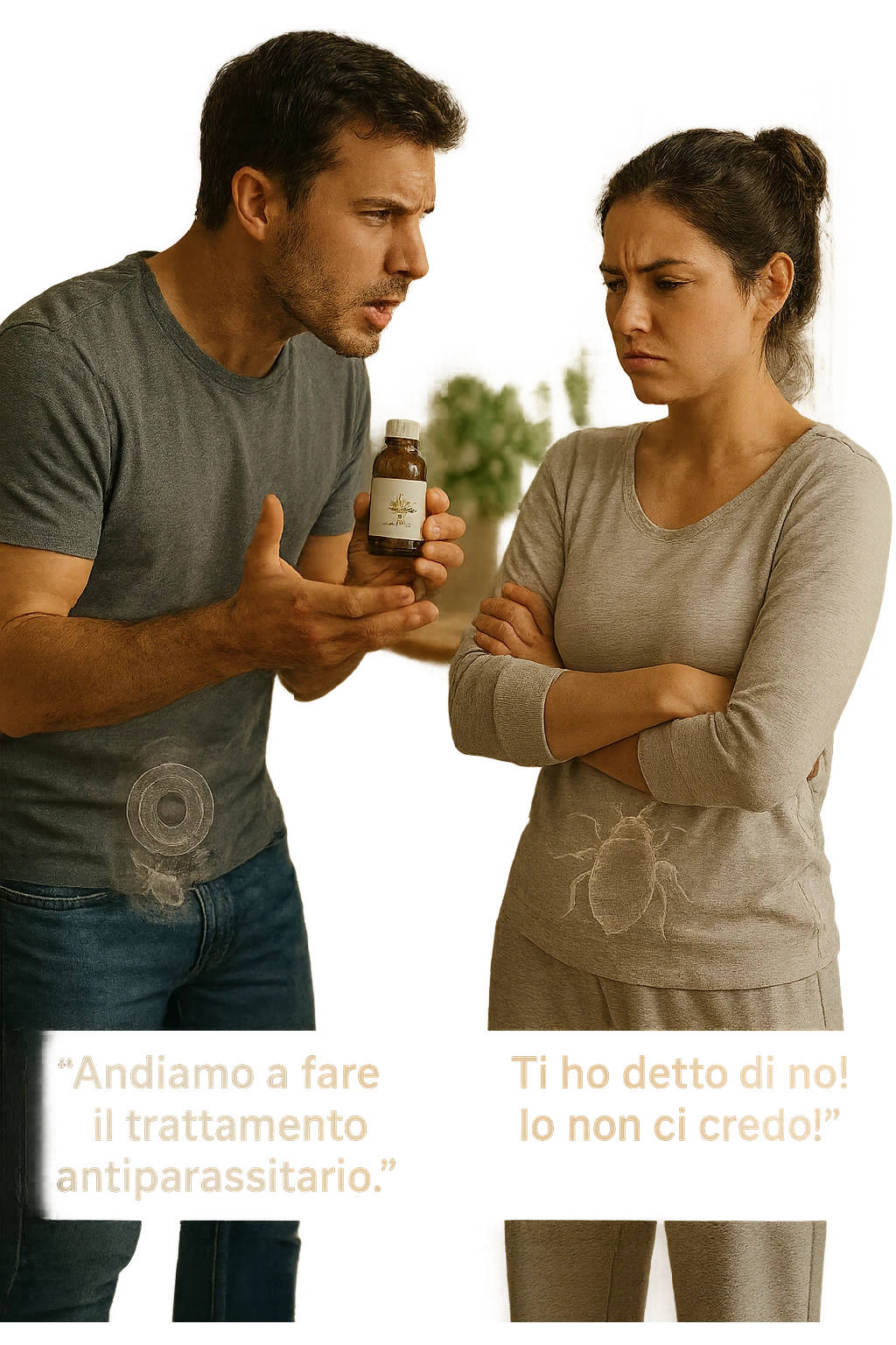 A highly realistic, cinematic photo of a young couple in their early 30s having an argument in a bright modern kitchen. The man, athletic build, wearing a casual T-shirt and jeans, is speaking firmly with a raised hand holding a small amber glass bottle labeled with a subtle herbal symbol, saying 'Andiamo a fare il trattamento antiparassitario' with a determined expression. The woman, with long dark hair tied in a messy bun, casual home outfit, crosses her arms with an angry, defensive expression, replying 'Ti ho detto di no! Io non ci credo!' while slightly turning away. Tension is visible in their body language, with the man leaning forward trying to explain and the woman leaning back, her eyebrows furrowed. Around them, subtle ghostly overlays of microscopic parasites are faintly visible near their abdominal areas, symbolizing the hidden reason for the argument. The kitchen is bright and modern with plants and natural light, contrasting the emotional tension. The style is hyperrealistic with warm tones and shallow depth of field focusing on their facial expressions, illustrating the conflict between belief in natural treatments and skepticism within the couple regarding hidden parasitic infections. in italiano emoji