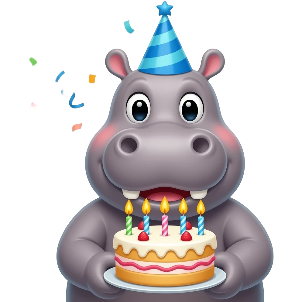 Hippo face birthday! Party hat and confetti and happy on its birthday and all the accessories and celebrations emoji