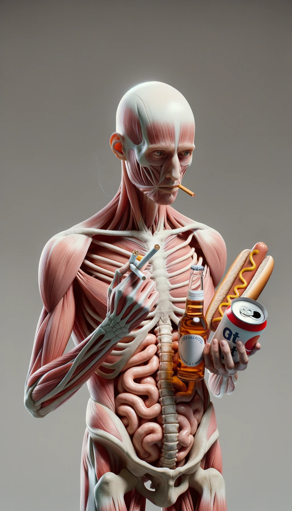 CORPO UMANO ANATOMICO CHE TRA LE BRACCIA SIGARETTE, ALCOL E WURSTEL CONFEZIONATI, LI GUARDA CON ESPRESSIONE INDECISA IN VOLTO, NEUTRAL CLEAR BACKGROUND, iperrealistico 4k emoji