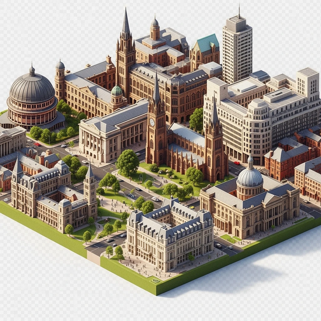 Isometric illustration-model of panorama view Birmingham with photorealistic main attractions, balanced between stylized and realistic, 3D miniature effect, transparent background. emoji