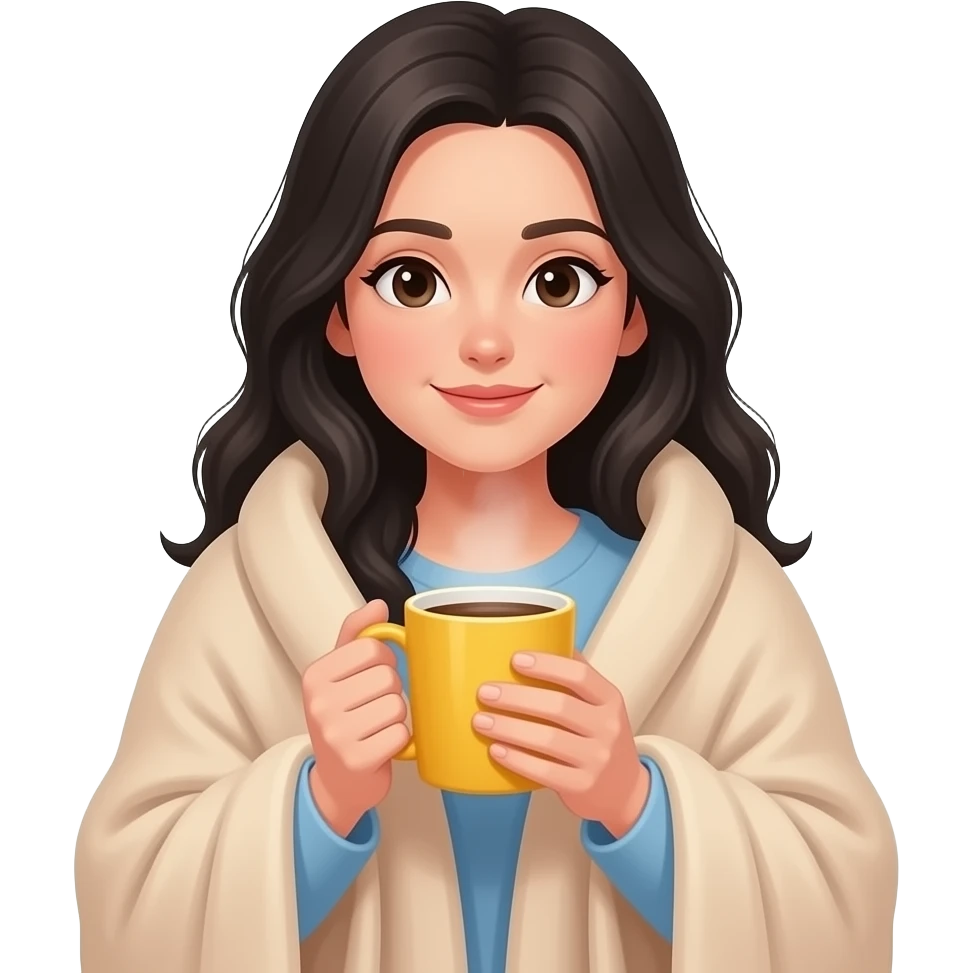 A white woman with black hair, with a large beige blanket, drinking coffee in a yellow mug, cozy and peace, iPhone emoji style emoji