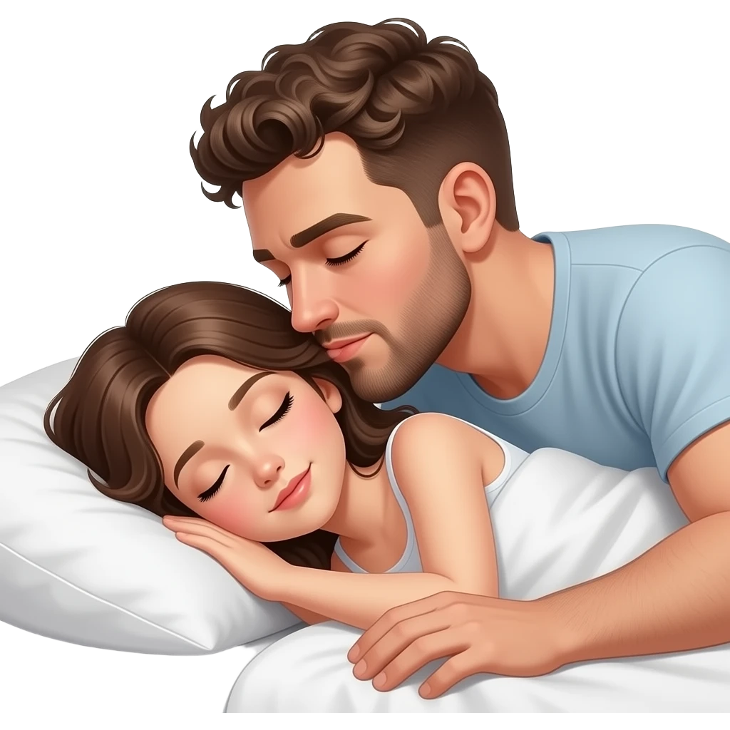 Realistic white man brown super short curly hair with beard high nose bridge kissing while sleeping in bed realistic white girl brown hair emoji