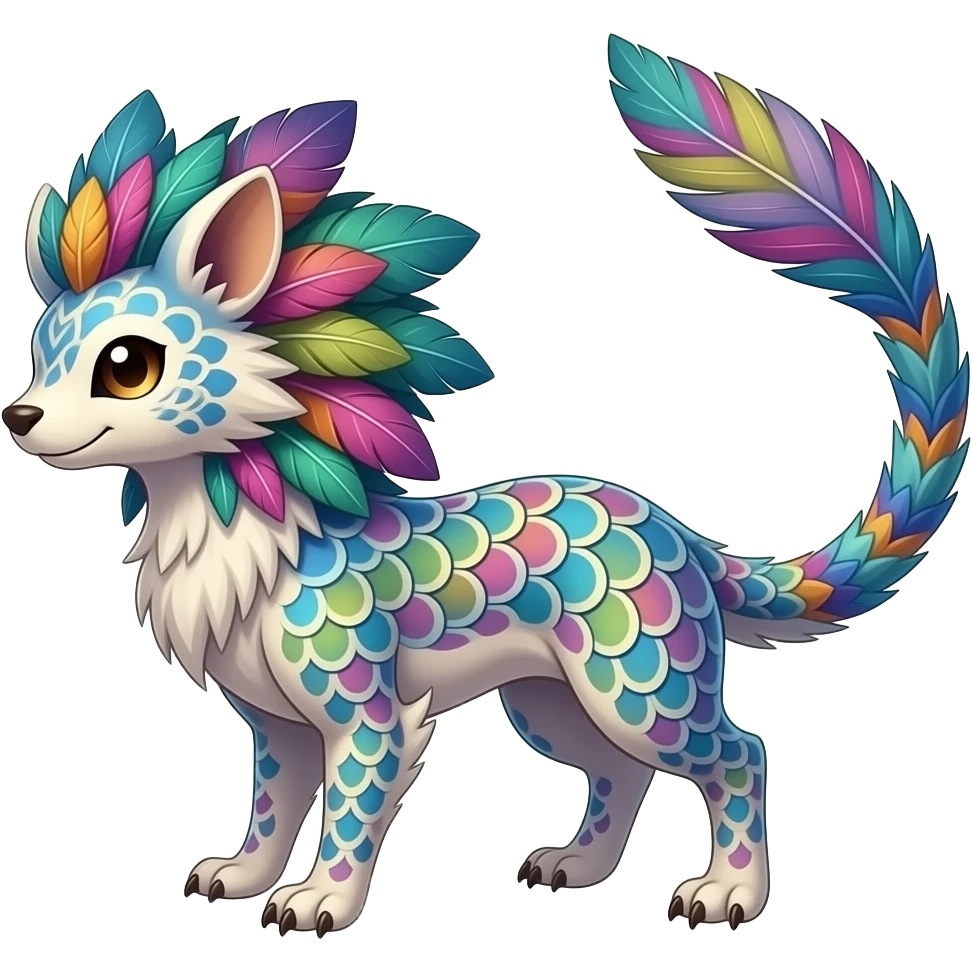 Tribal-patterned aboriginal majestic feathery elegant realistic stylish Furry, fluffy feathery tropical painted scaly, colorful Litten-Minccino-Bambino-Linoone-Zangoose-fusion-hybrid-animal-Fakémon-creature, full body, thin long sleek tufted tail, intricate markings emoji