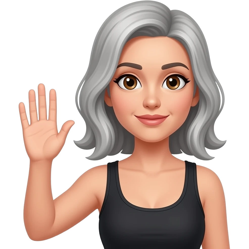 MUJER CON PELO PARCIALMENTE CANOSO LEVANTANDO LA MANO DERECHA COMO PIDIENDO TURNO CON REMERA NEGRA CON OJOS MARRONES emoji