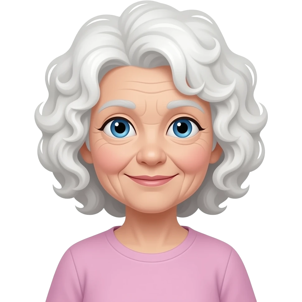 Elderly woman blue eyes very curly hair with maltese dog emoji