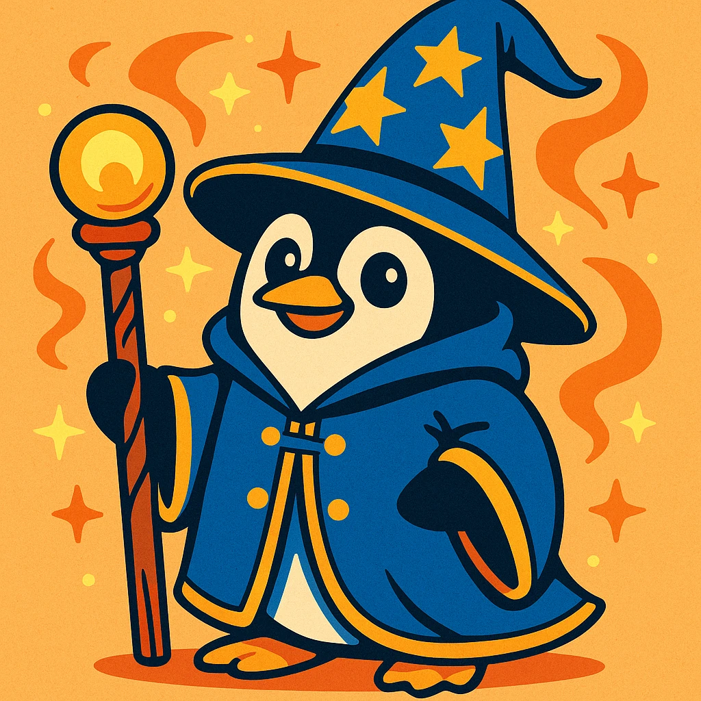 whimsical penguin dressed as a wizard, pointed hat, magic staff, playful and magical atmosphere emoji