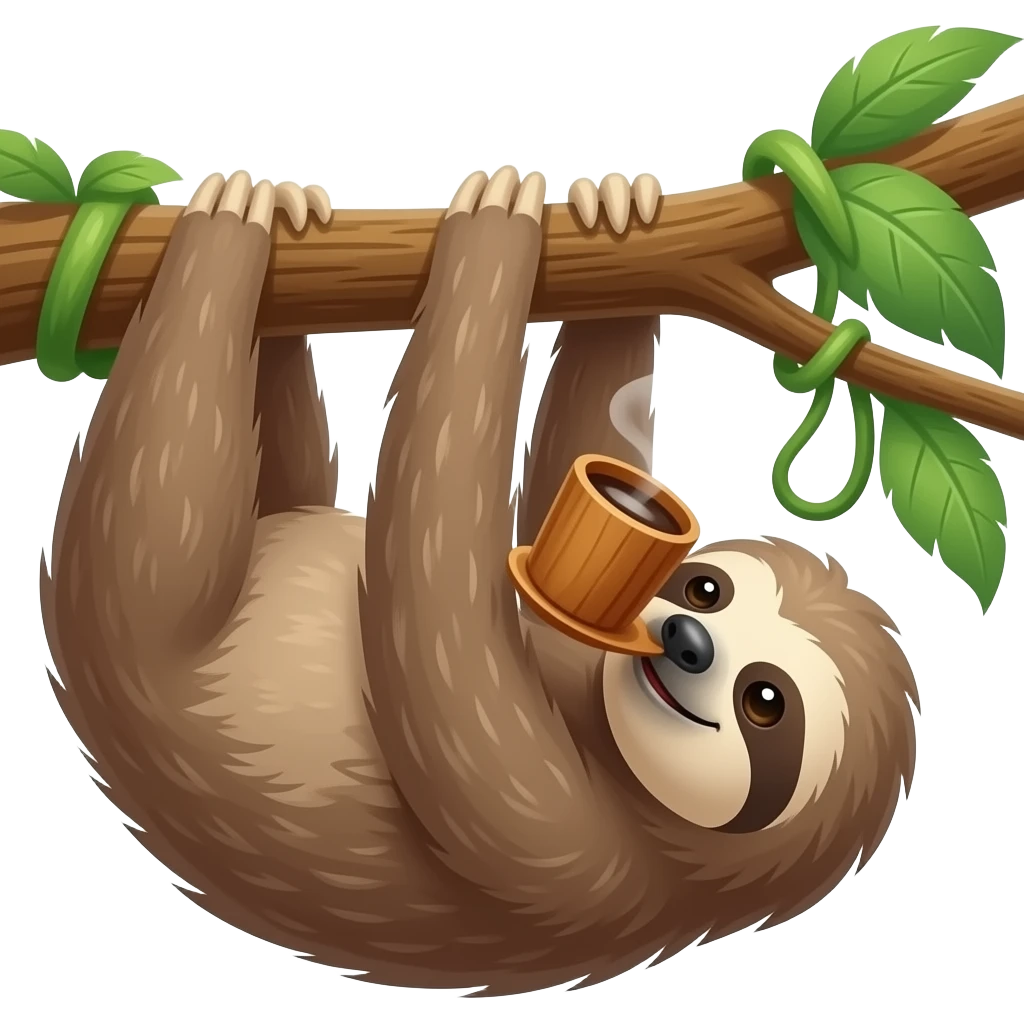 hanging sloth on big jungle tree branch drink coffee wooden cup hanging emoji