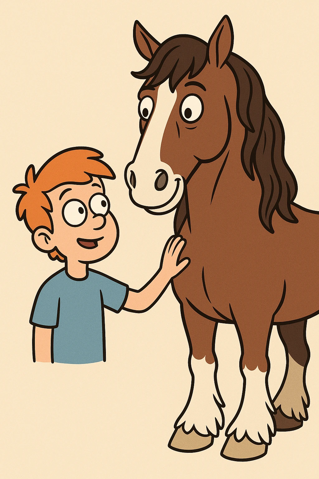 A boy orange hair blue shirt Clydesdale horse emoji