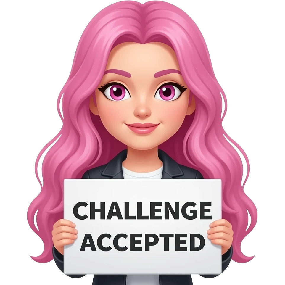 sexy girl with long pink hair and pink eyes wearing a holding a CHALLENGE ACCEPTED sign emoji
