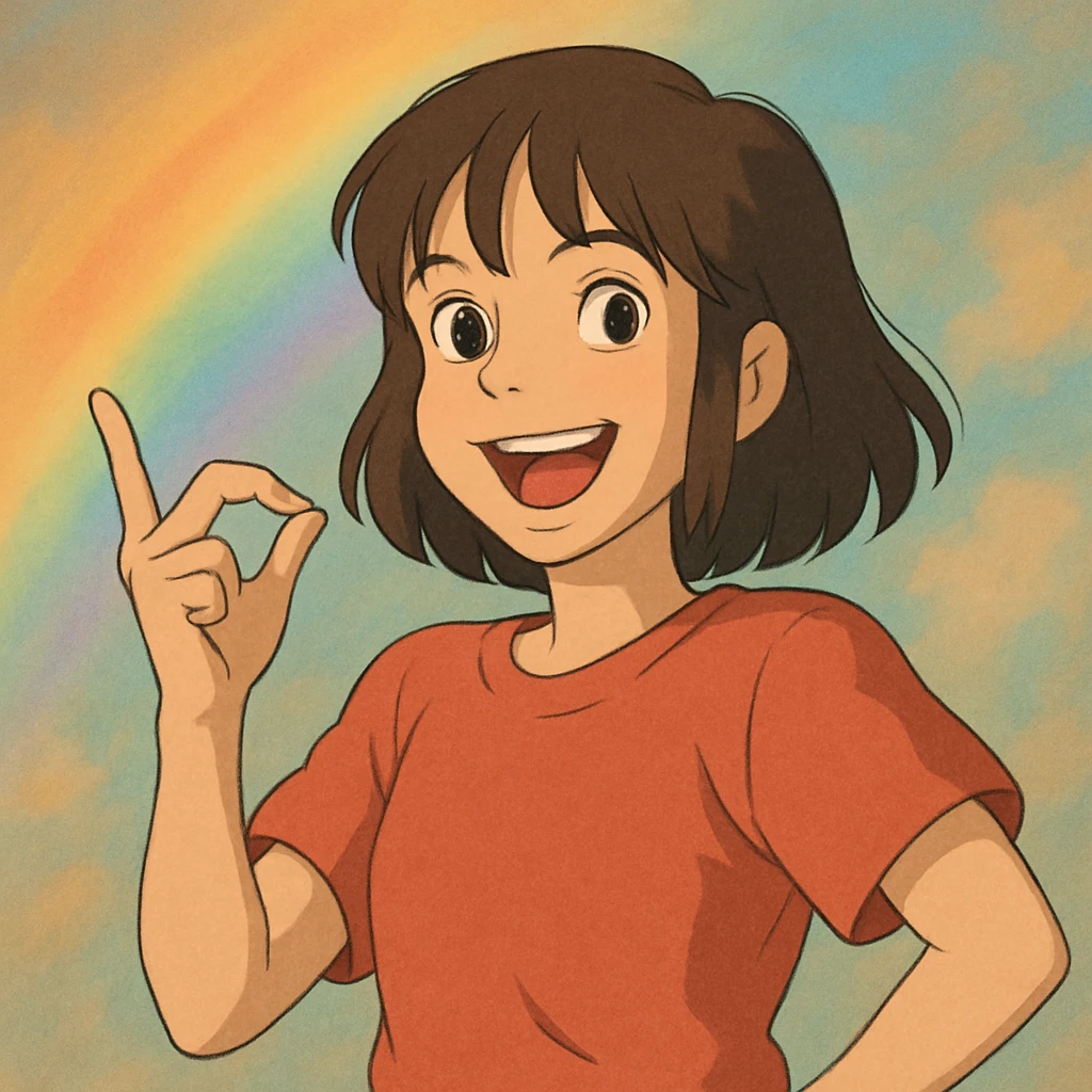 zesty hand gesture with soft rainbow lighting, ghibli style emoji