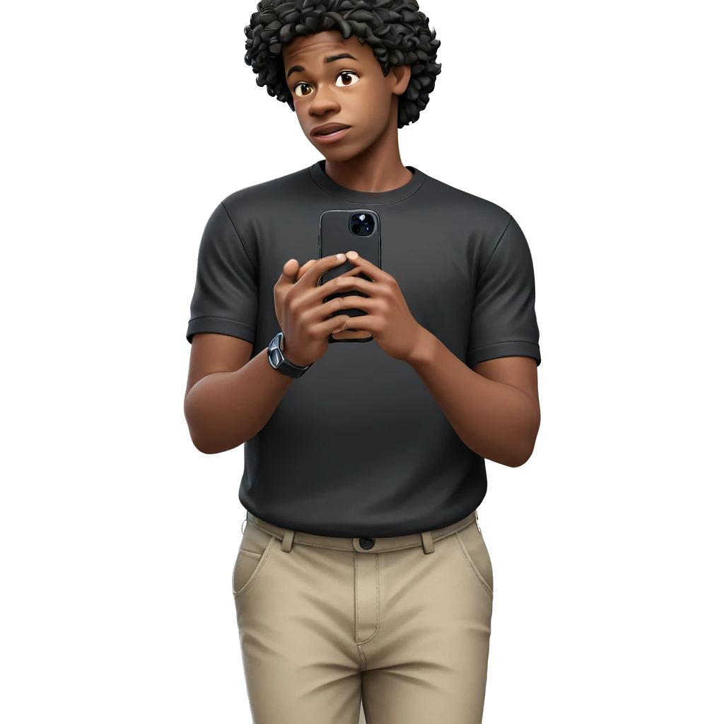 boy in black shirt holding phone emoji