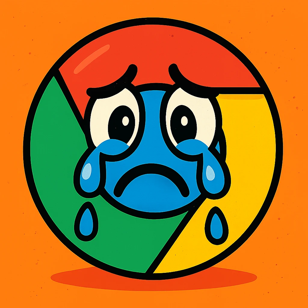 Chrome browser logo with a sad face and tears, playful cartoon style emoji