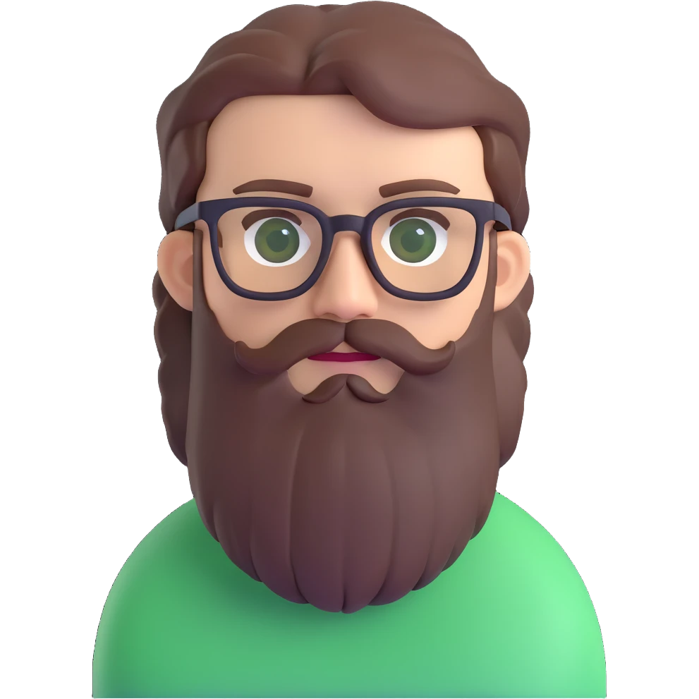 white male mid 30s green eyes black square glasses long brown beard with short brown hair emoji