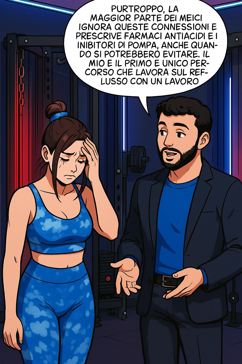 TRASFORMA QUESTO CAROSELLO IN UN FUMETTO STILE WEBTOON/MANGA A COLORI CON QUESTE DUE PERSONE IDENTICHE CHE INTERLOQUISCONO TRA LORO, L'uomo sta spiegando alla donna questo concetto MENTRE LA DONNA SI TIENE la mano sulla fronte sconcertata:

LUI (UOMO): Purtroppo, la maggior parte dei medici ignora queste connessioni e prescrive farmaci antiacidi e inibitori di pompa, anche quando si potrebbero evitare.
Il mio è il primo e unico percorso che lavora sul reflusso con un lavoro mirato sul baricentro; emoji