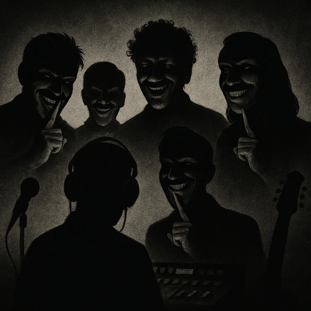 Siluetas y figuras de personas que trabajan en la industria musical, en las sombras, vistas desde lejos, con sonrisas burlonas y aire de superioridad, haciendo una señal con el dedo para pedir que otros hagan silencio o de estar guardando un secreto emoji