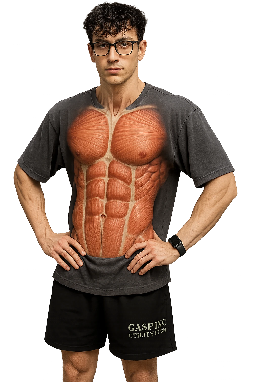 lascia questo ragazzo identico ma fallo in piedi in posa frontale con fasci muscolari anatomici realistici del core visibili, iperealistico 4k emoji