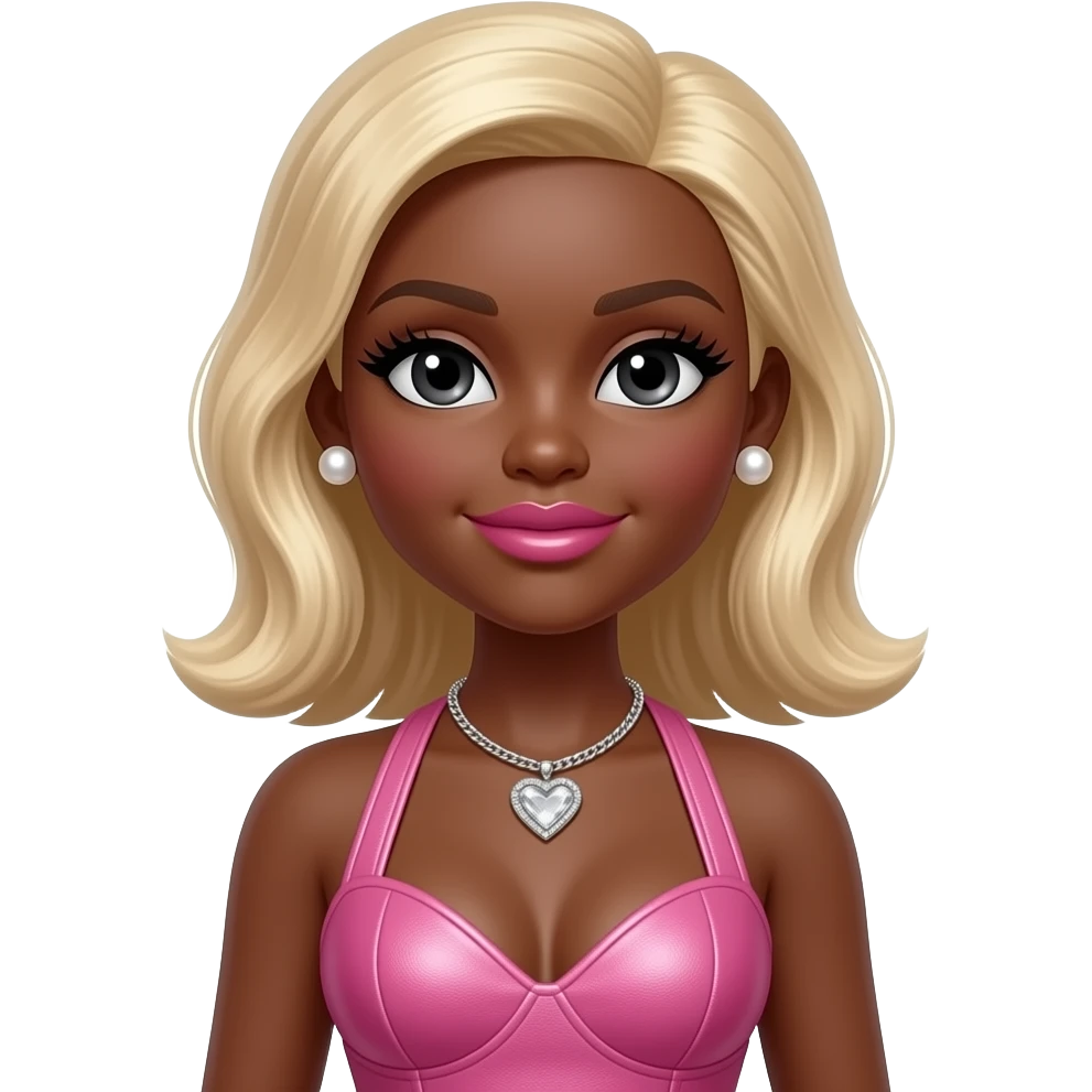 Black girl, Pink big lips, black doll eyes, dark brown skin, Long giant lashes,Doll faced shaped, silver Swarovski heart necklace, big Pearl earrings studs, bimbo, black doll eyes, barbie, darker brown skin with blonde hair big breast, Beauty Doll Halter Faux pink Leather Mini Dress emoji