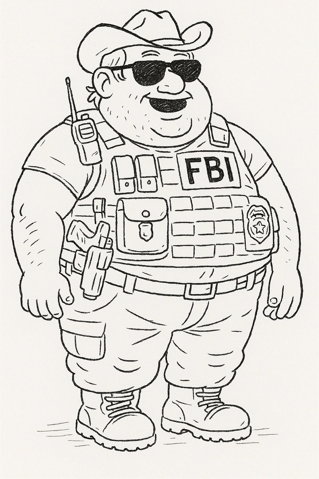 Add dark sunglasses and a shiny badge to the big, overweight federal agent. Keep the tight vest, tactical gear, buck teeth, and cartoonish hillbilly style. emoji