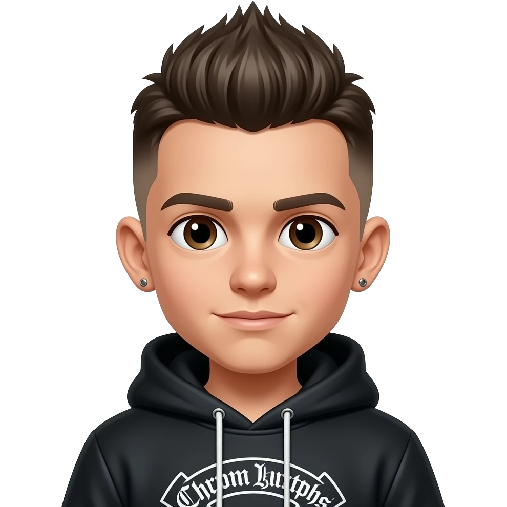 Boy with mullet a eyebrow piercing ears pierced and chrome hearts hoodie on emoji