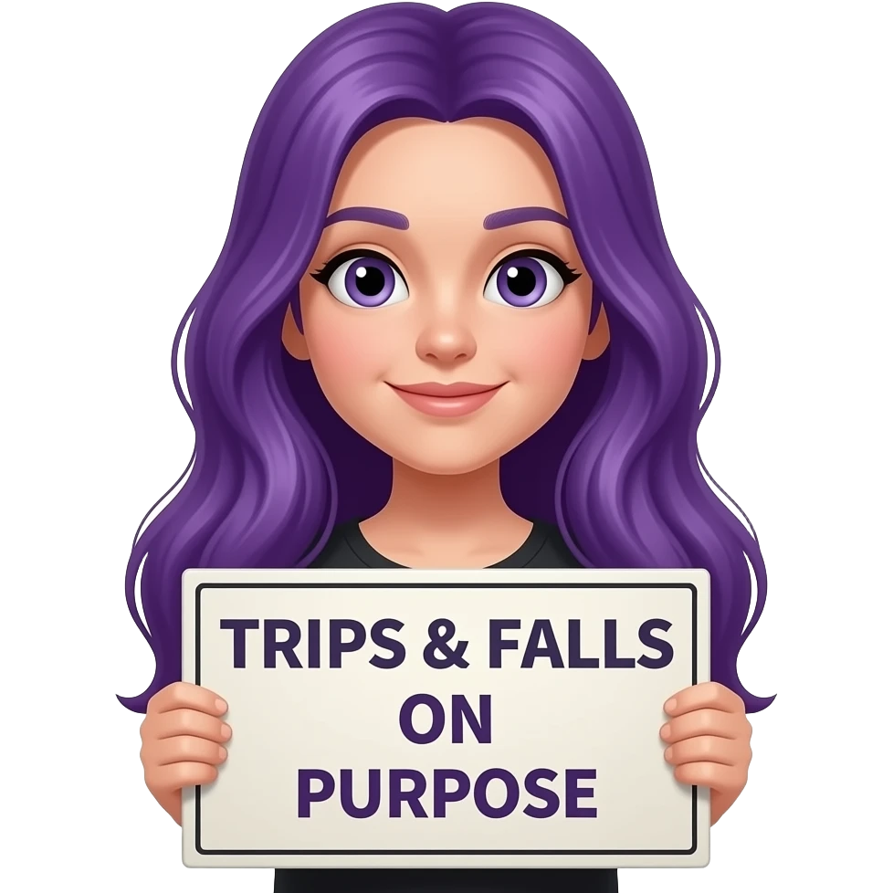 girl with long purple hair holding a TRIPS & FALLS ON PURPOSE sign emoji