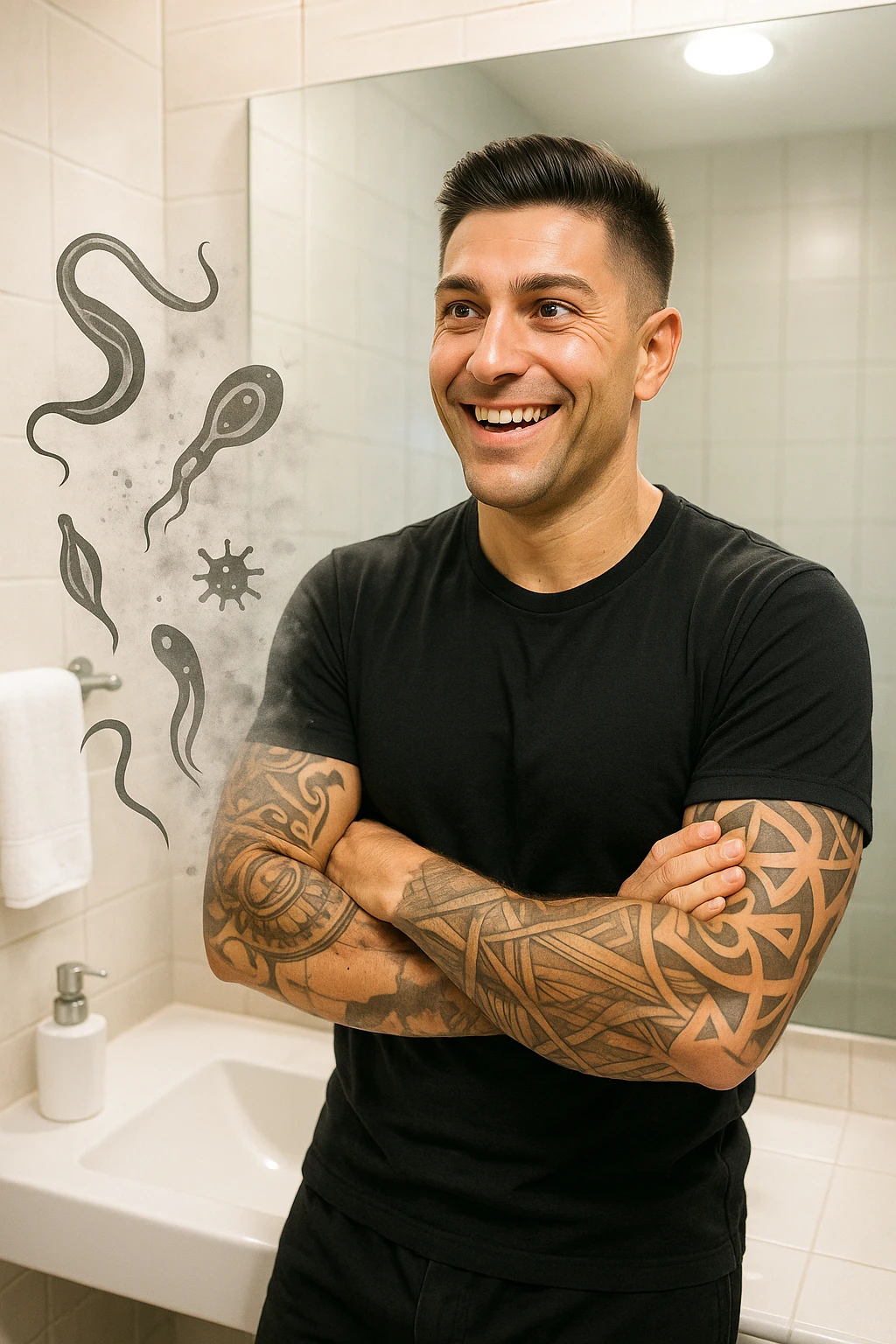 a man stands in a brightly lit bathroom, looking relieved and revitalized as he examines his reflection in the mirror. In the foreground, stylized, shadowy images of parasites (such as worms or protozoa) are shown leaving his body, dissolving into mist or fading away. His posture is upright and his expression is one of newfound energy and health. emoji