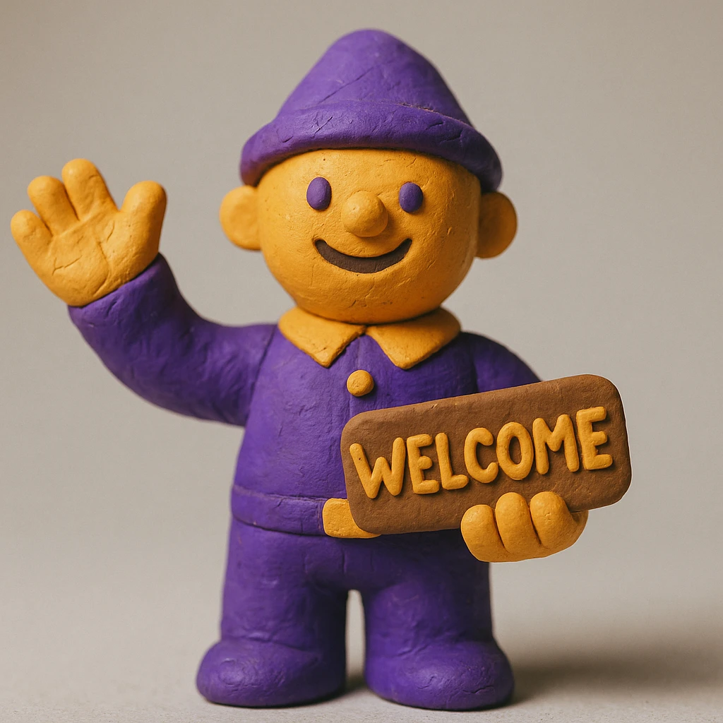 friendly mascot character standing front-and-center, one arm raised in a welcoming wave, holding a small 'Welcome' sign in gold letters, outfit in Qame purple (#4B2091) with gold accents, soft drop shadows, simple light-grey gradient background emoji