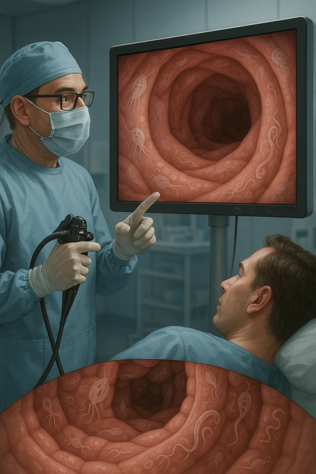 A medical cinematic illustration showing a patient undergoing a colonoscopy in a modern clinical setting. On the monitor, the endoscopic camera shows smooth, healthy-looking intestinal mucosa — clean and without evidentiary signs. But layered symbolically in the background (or faded into the intestinal wall), tiny parasitic organisms like protozoa and helminths are subtly depicted hiding between folds, or embedded deeper in tissues, undetectable by the surface-only scope. The doctor gestures with confidence, while the patient remains unaware that the test might not reveal the true underlying infection. The scene has cool clinical lighting, shallow depth of field, and realistic anatomy, overlaid with symbolic, almost ghost-like imagery of parasites emoji