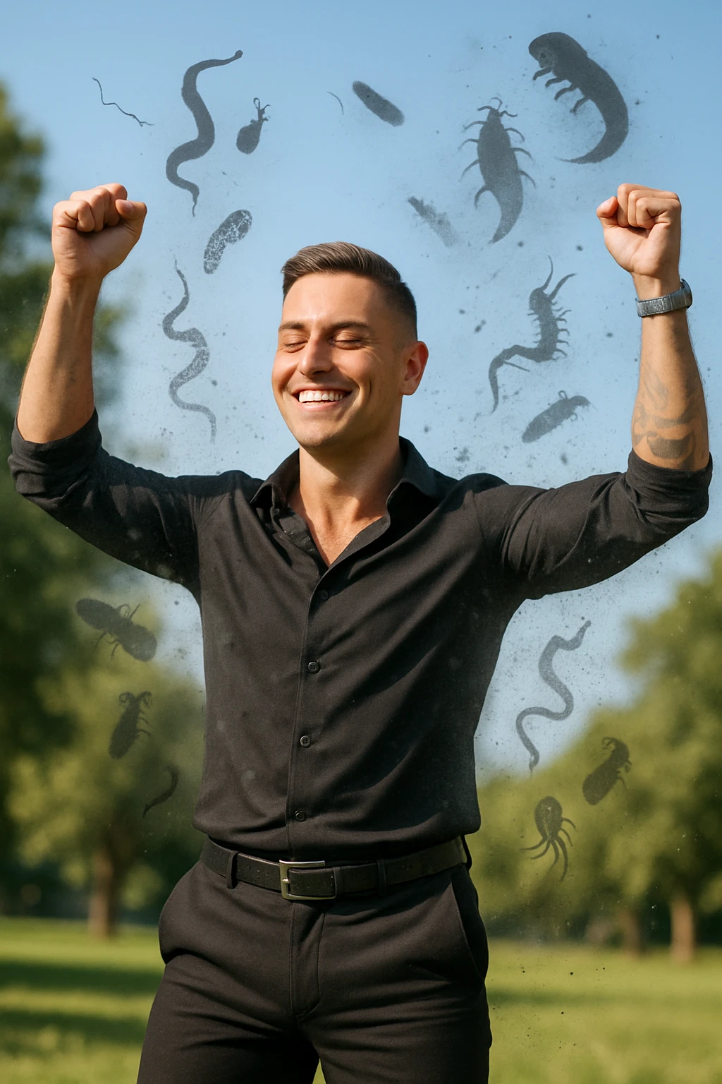 a man stands outdoors in bright sunlight, arms raised in relief and joy, while faint, shadowy silhouettes of parasites fall away from his body and dissolve into the air. His posture is upright and energetic, his expression serene and healthy. The background features green trees and a clear sky, emphasizing liberation and restored well-being. emoji