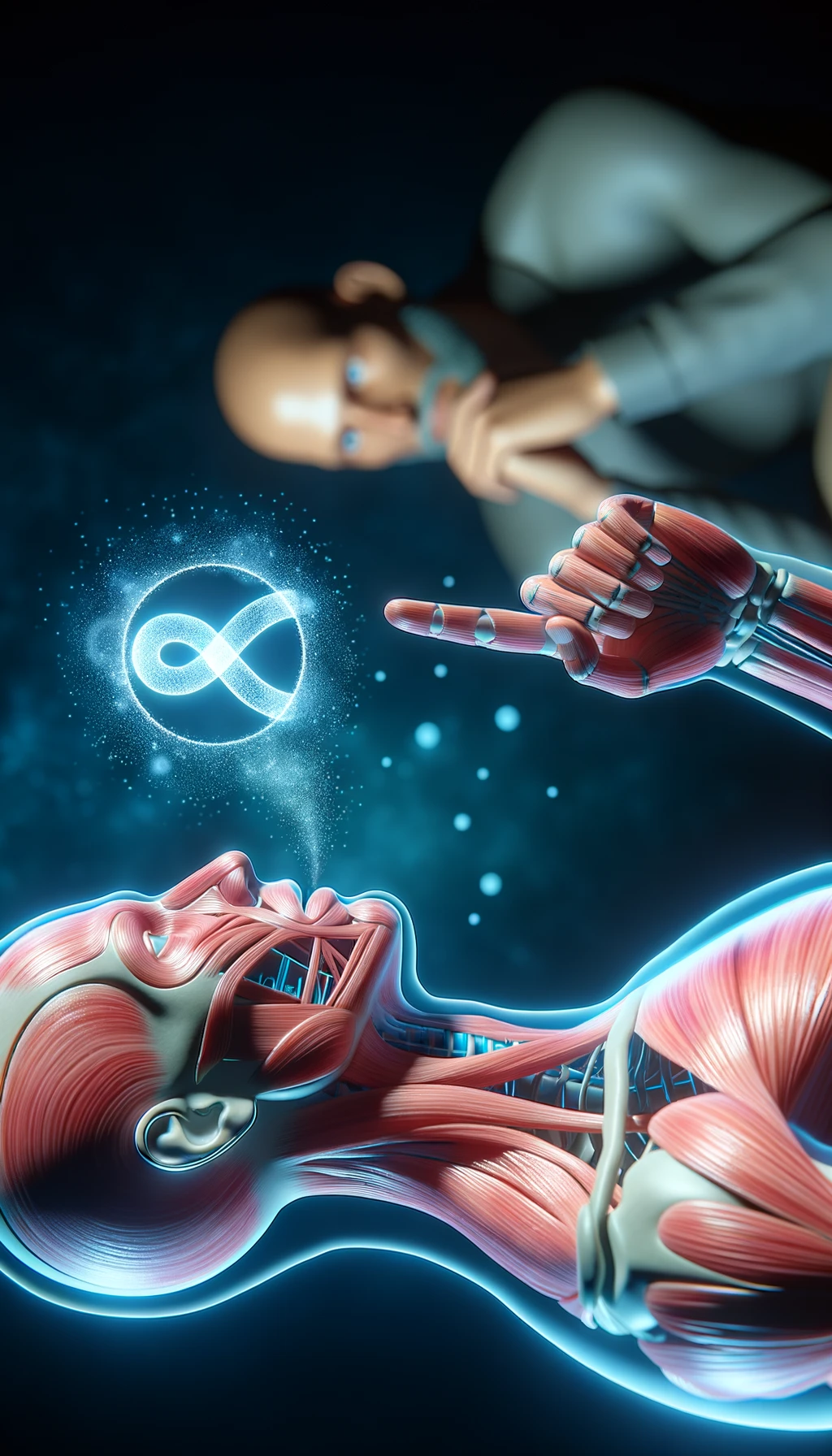 corpo umano anatomico che parla ma sopra di lui c'è il muto, un altra persona lo ascolta, immagine iperrealistica 4k emoji