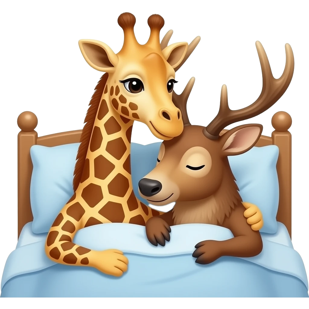 Einfacher Giraffenkopf und Elchkopf kuscheln in einem bett emoji