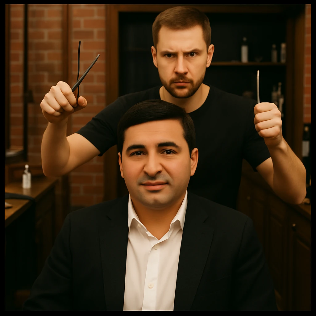 endi esa birinchi rasmdagi odamni yuzini sartaroshni yuziga qilib ber emoji