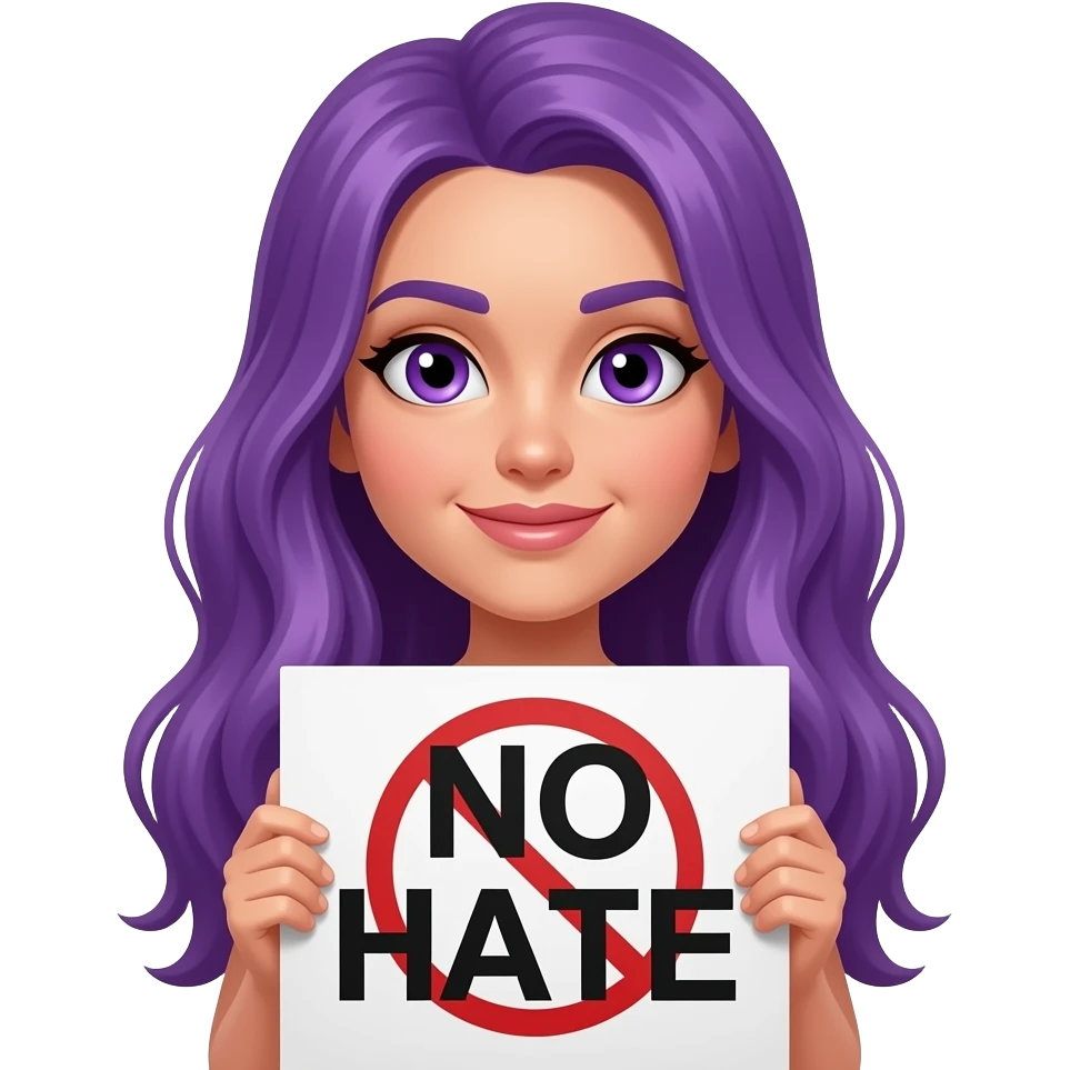 sexy girl with long purple hair and purple eyes holding a NO HATE sign emoji