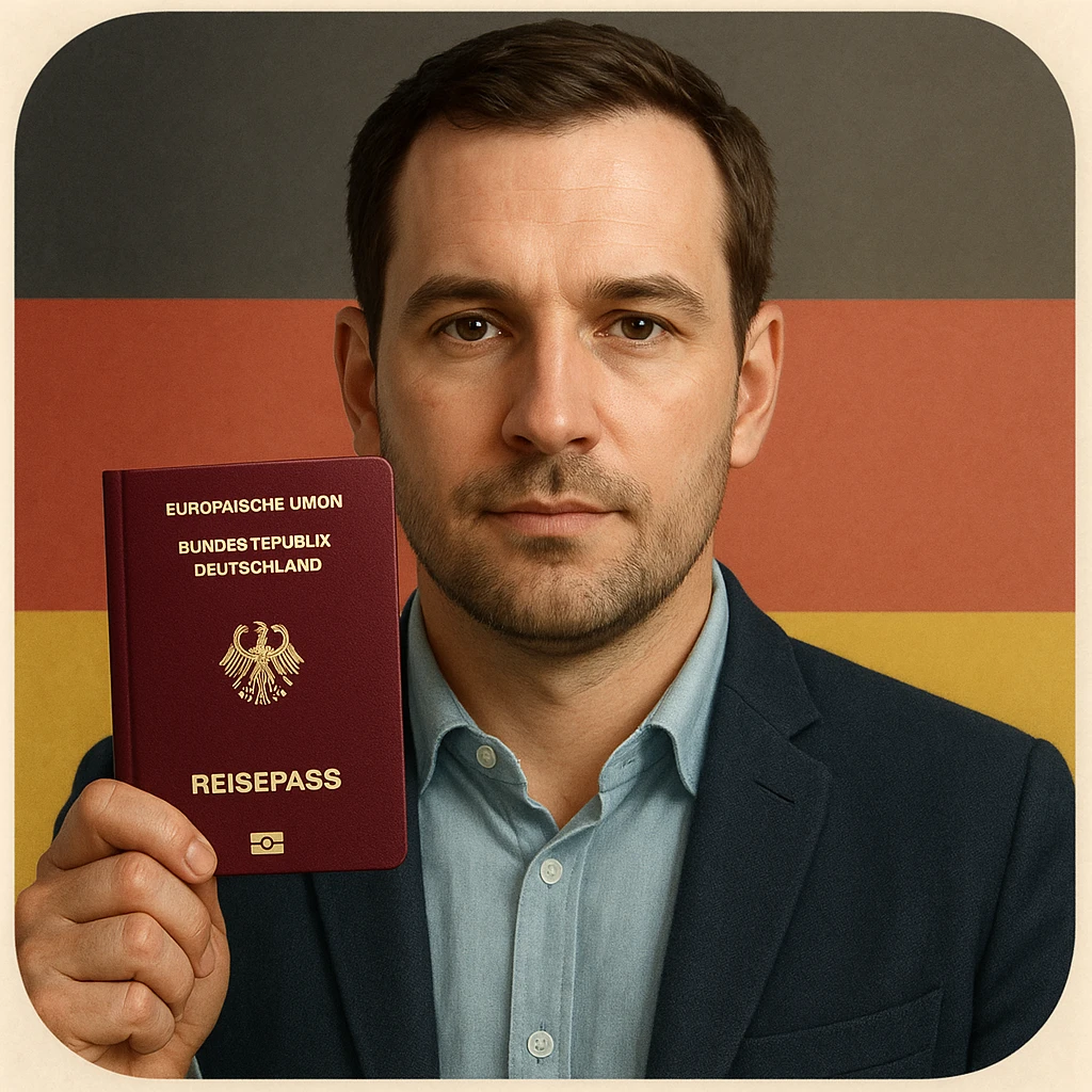 realistic style portrait of a serious but friendly person holding a German passport, with subtle German flag elements, suitable for a mobile app icon about permanent residency or citizenship in Germany emoji