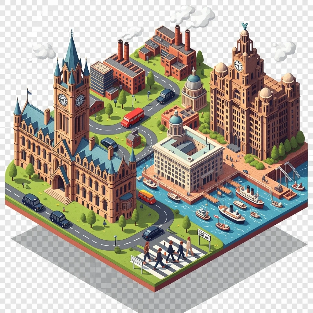 Isometric illustration of Manchester and Liverpool combined, featuring Beatles references (Abbey Road sign), Manchester Town Hall, toy-style factories, balanced between stylized painting and realistic, transparent background emoji