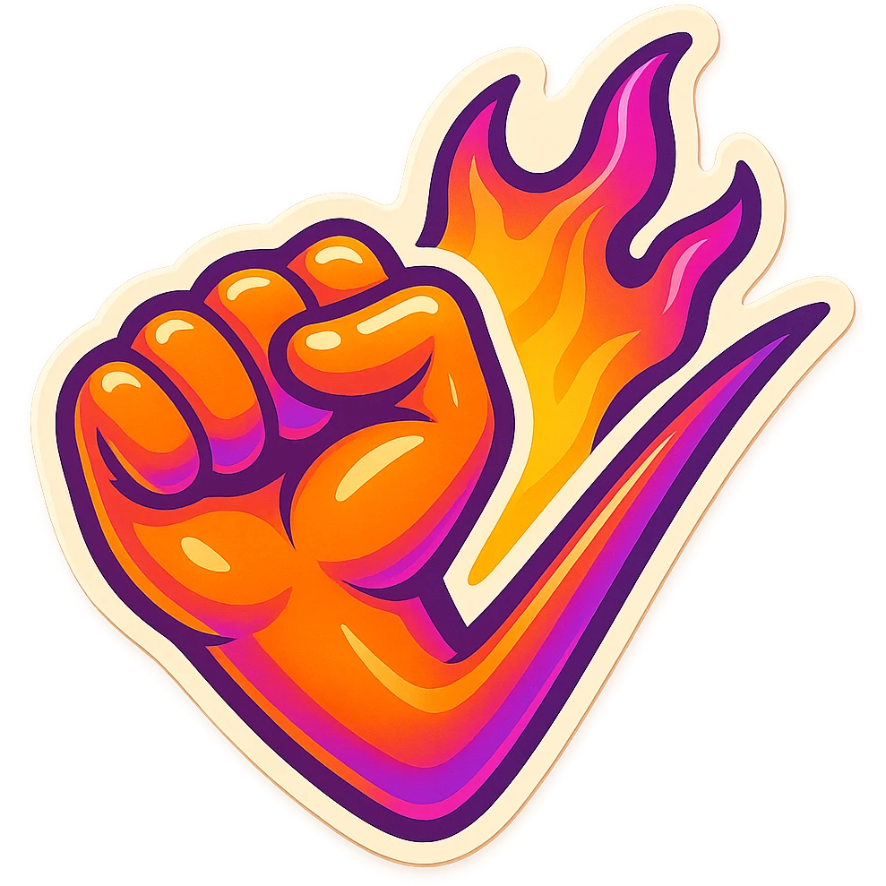 horizontal flaming fist, emoji, gradient : #FF7A1A, #FF3CAB, #9D34FF, sticker border white, matching reference file emoji